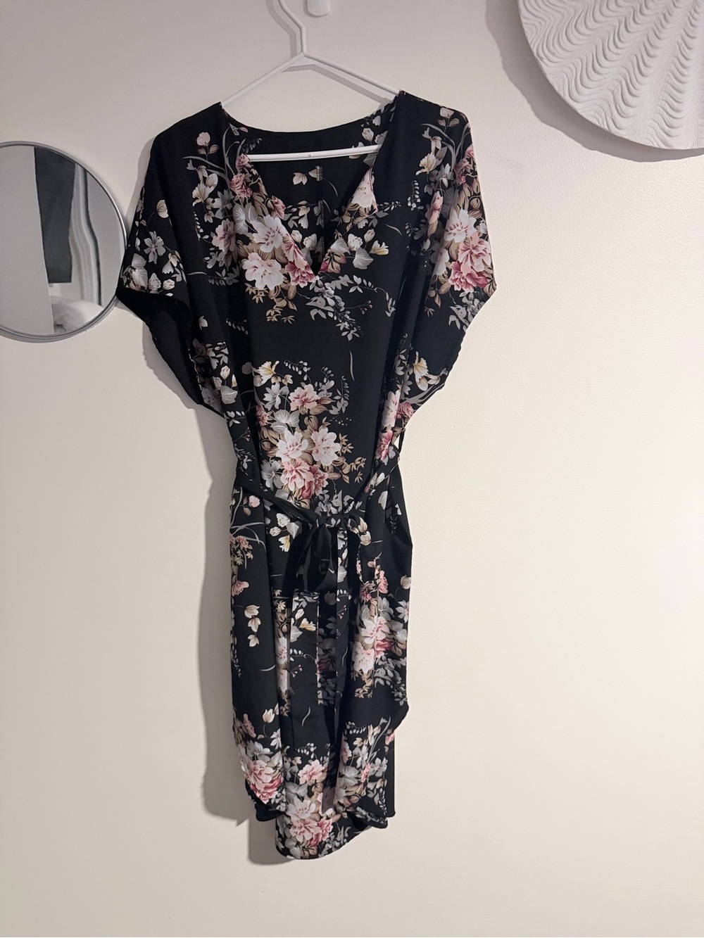 Black Floral V-Neck Tie-Waist Midi Dress